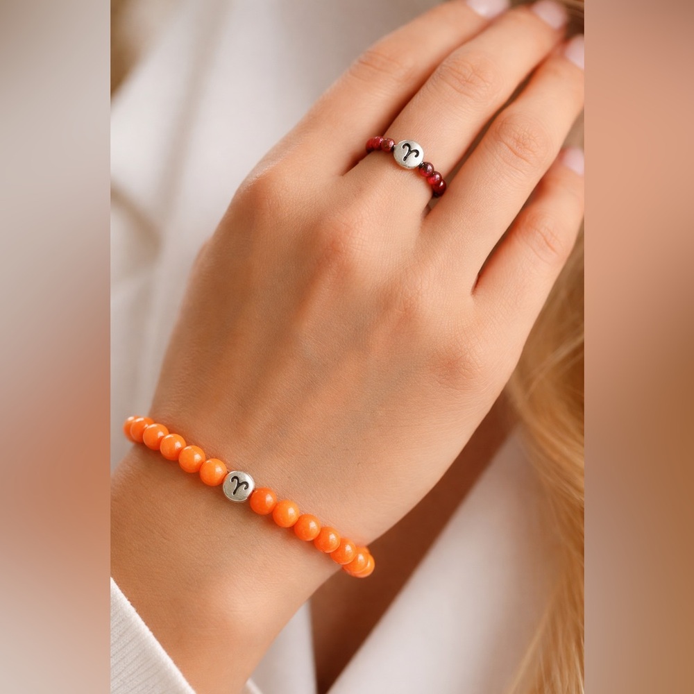 Aries Fire Set ♈ Orange Beaded Bracelet + Matching Ring | Zodiac Jewelry